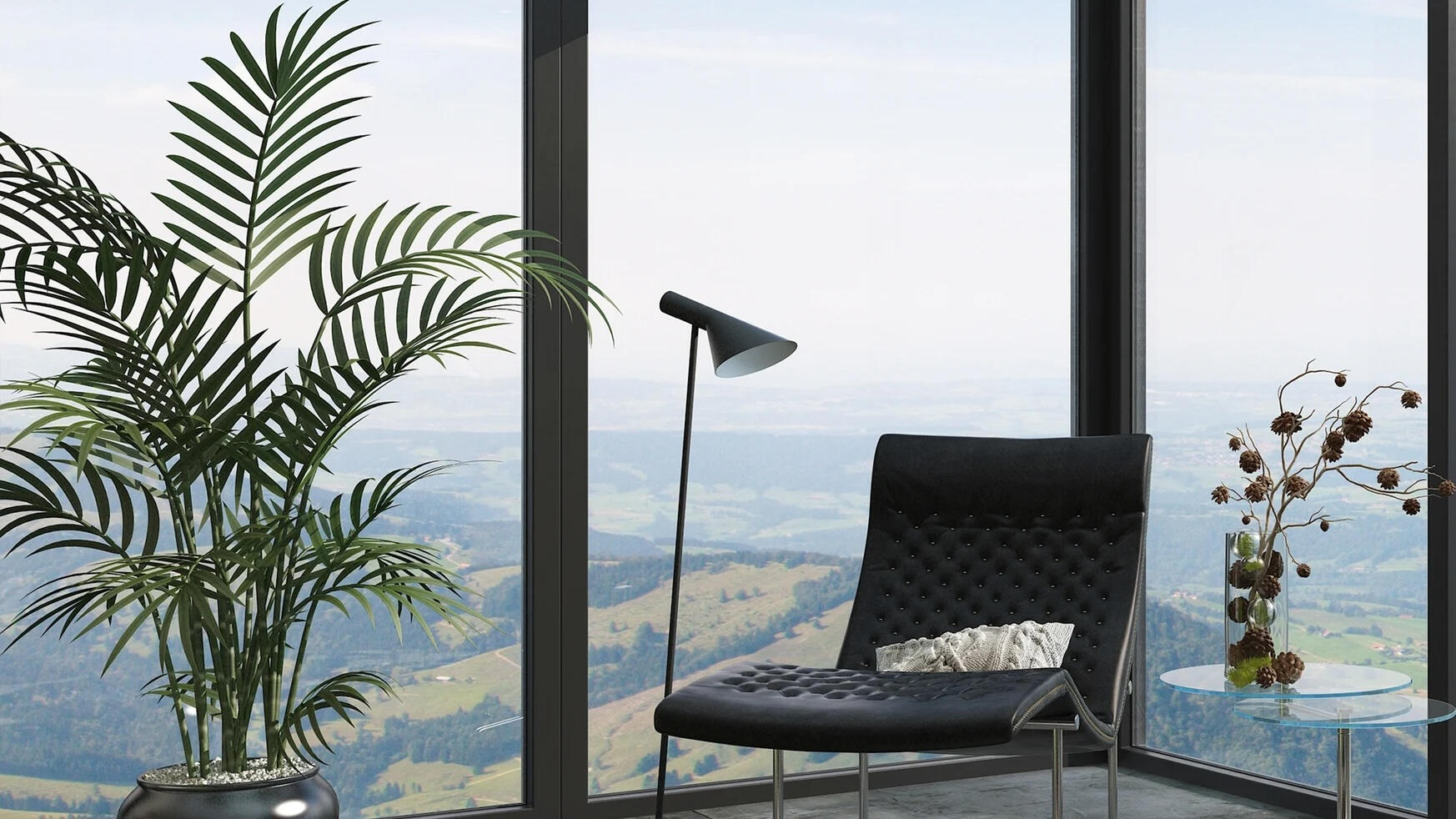 Sit at the chair with us chair for the main character in the room with a wonderful view over landscape